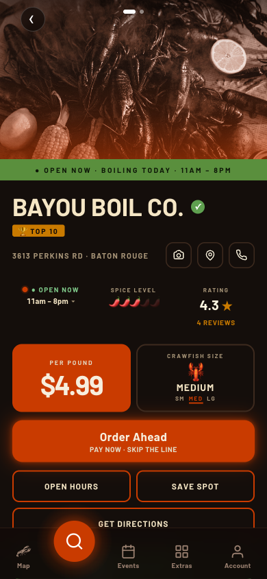 Spot page with Get Crawfish Now button
