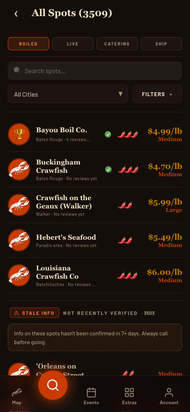 The Crawdaddy list screen